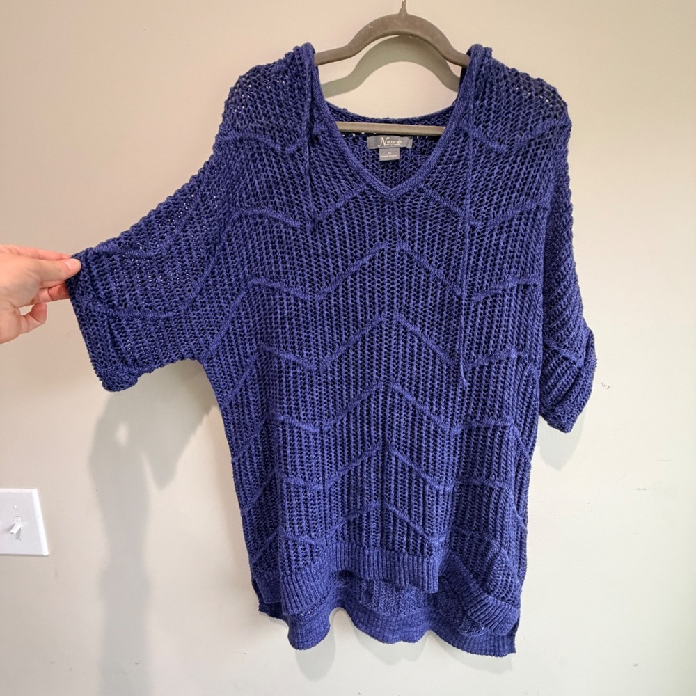 Natural Reflections Open Knit Hooded Sweater Women Medium Blue Chevron Boho